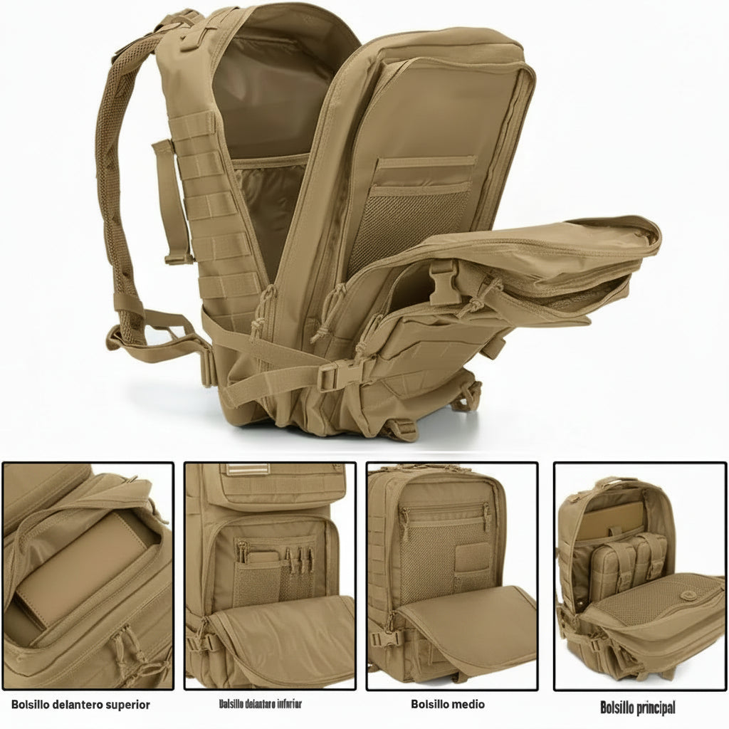 MOCHILA TÁCTICA MILITAR 50L IMPERMEABLE - MULTIUSO COLOR OCRE