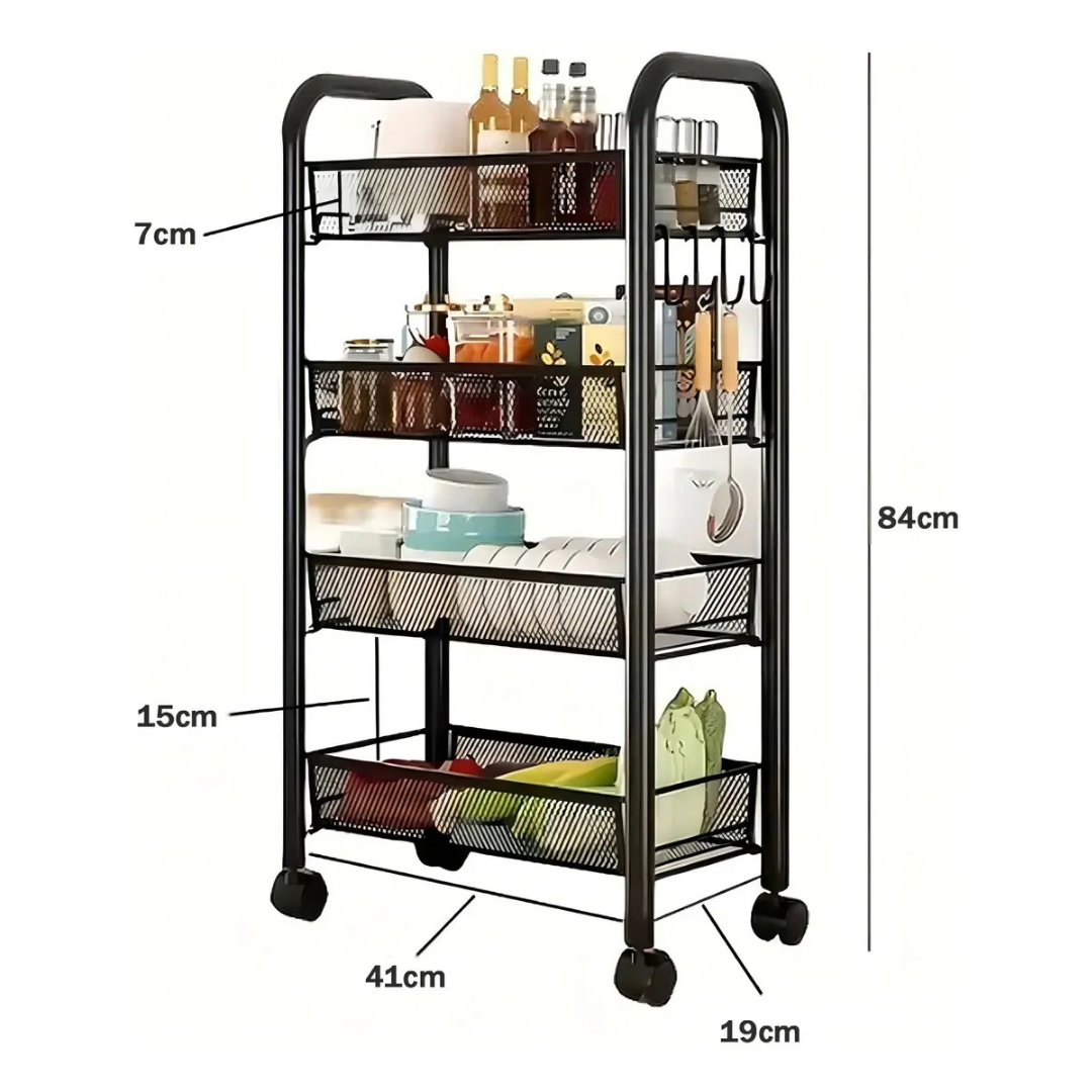 CARRITO ORGANIZADOR MULTIUSO CON RUEDAS 4 NIVELES -NEGRO