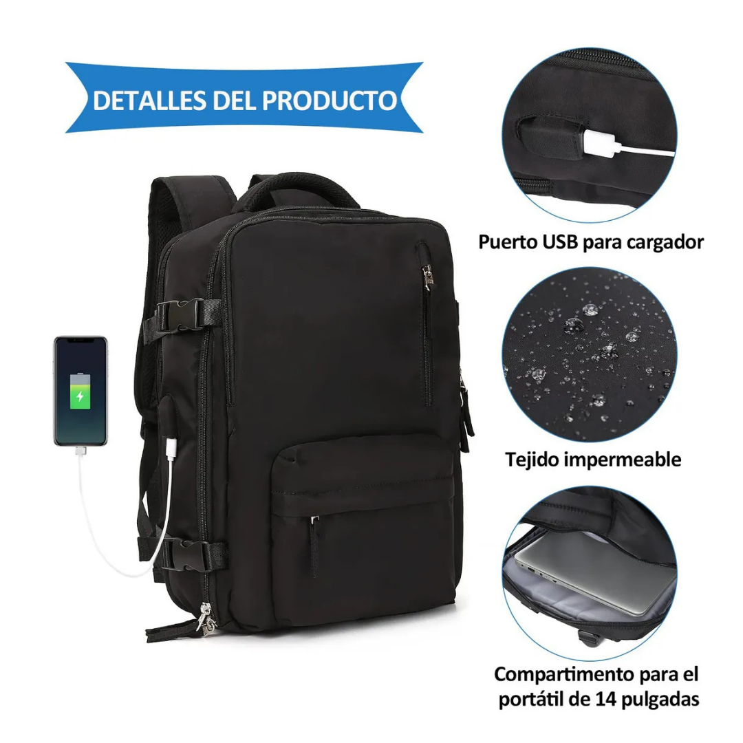MOCHILA VIAJE 40L IMPERMEABLE NEGRA CON COMPARTIMIENTO