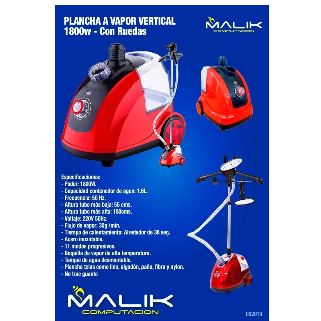 PLANCHA A VAPOR VERTICAL 1800W CON RUEDAS - COLOR ROJO