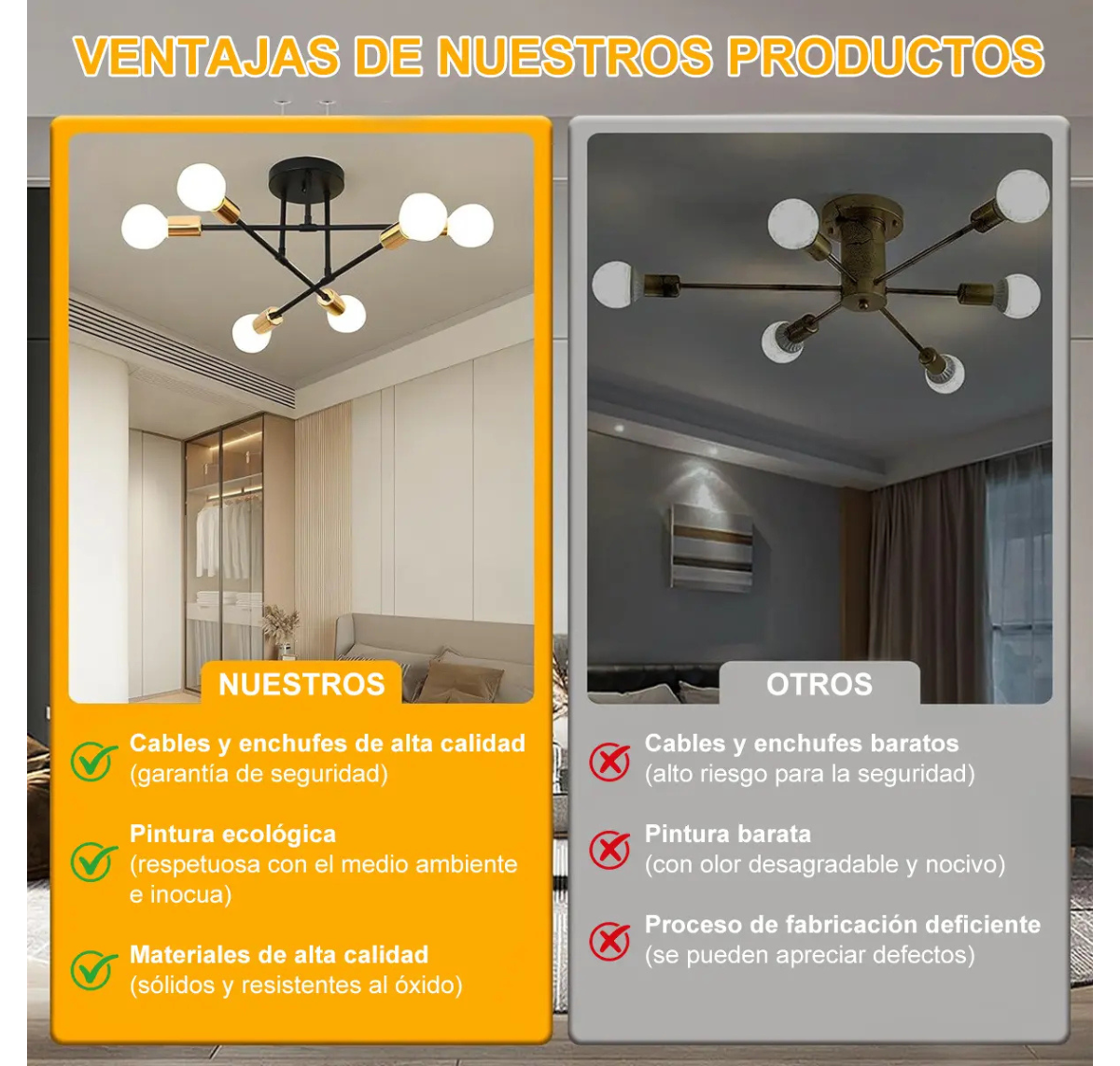 LÁMPARA DE TECHO MODERNA 6 LUCES E27 NEGRO Y DORADO