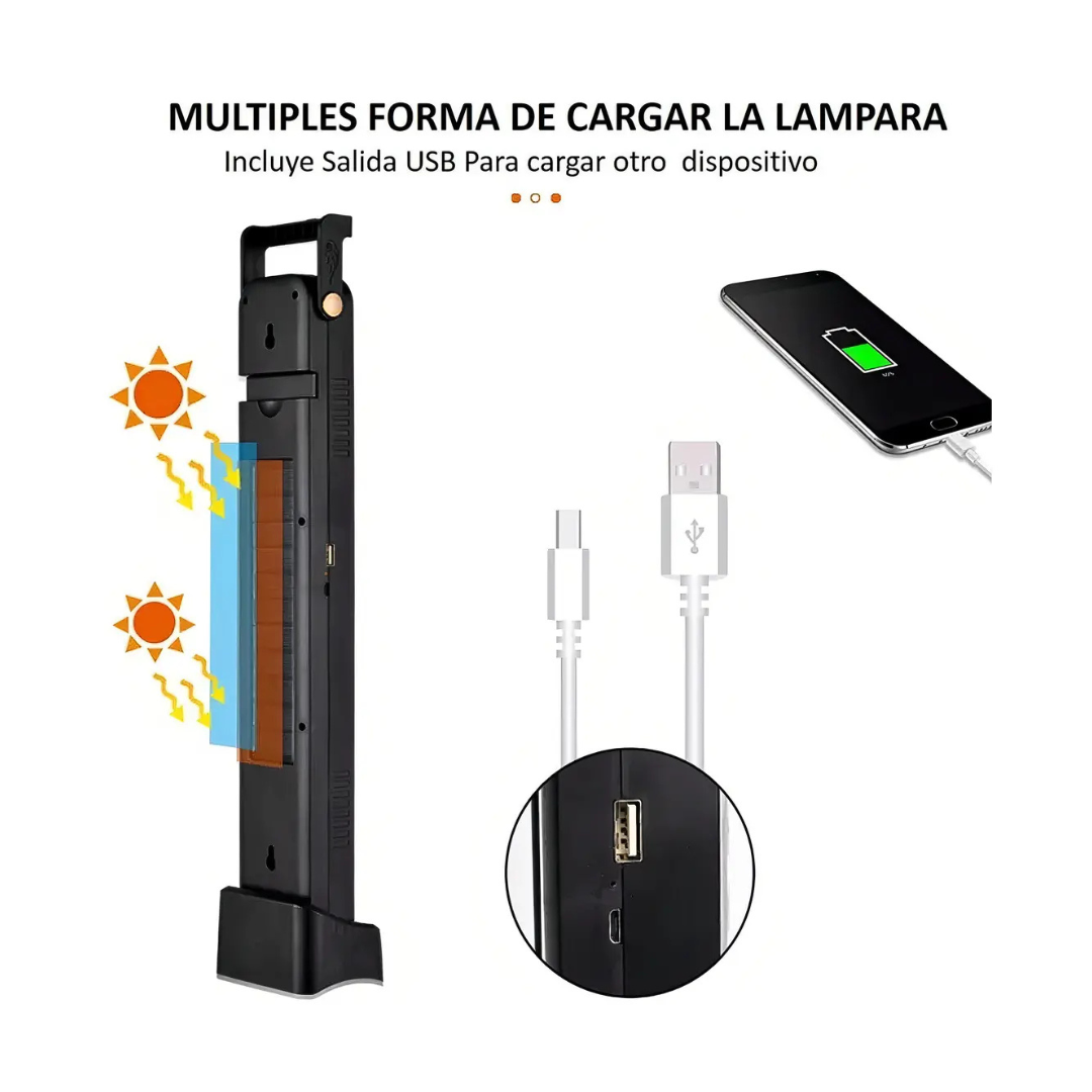 LÁMPARA SOLAR DE EMERGENCIA RECARGABLE 48 LED + FOCO COB USB-C NEGRA