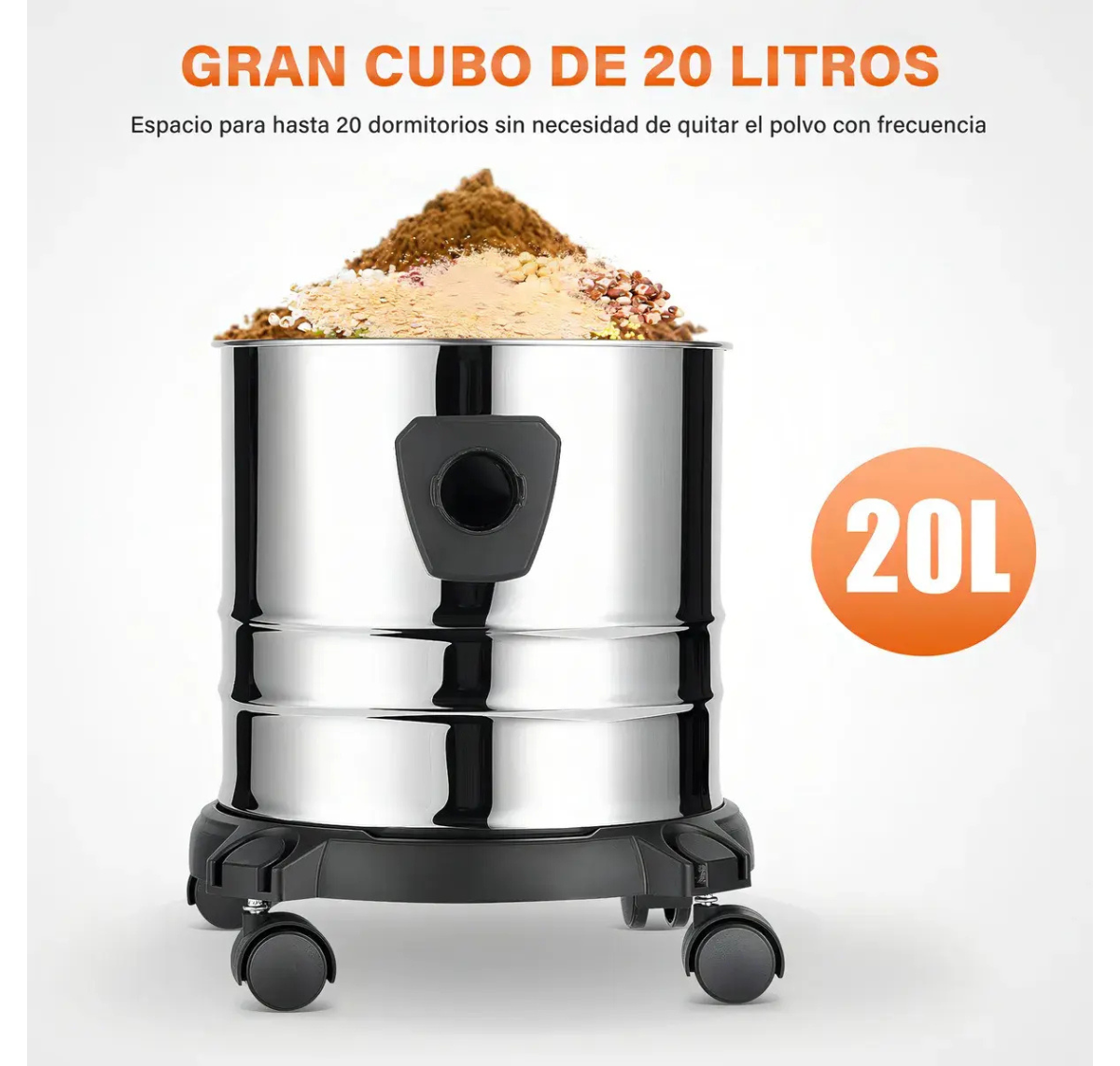 ASPIRADORA INDUSTRIAL ELÉCTRICA SÓLIDOS Y LÍQUIDOS 1500W 20L PLATEADA
