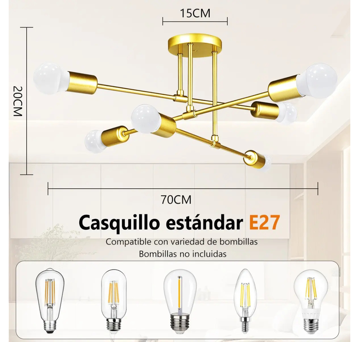LÁMPARA DE TECHO MODERNA 6 LUCES E27 DORADA SIN AMPOLLETAS