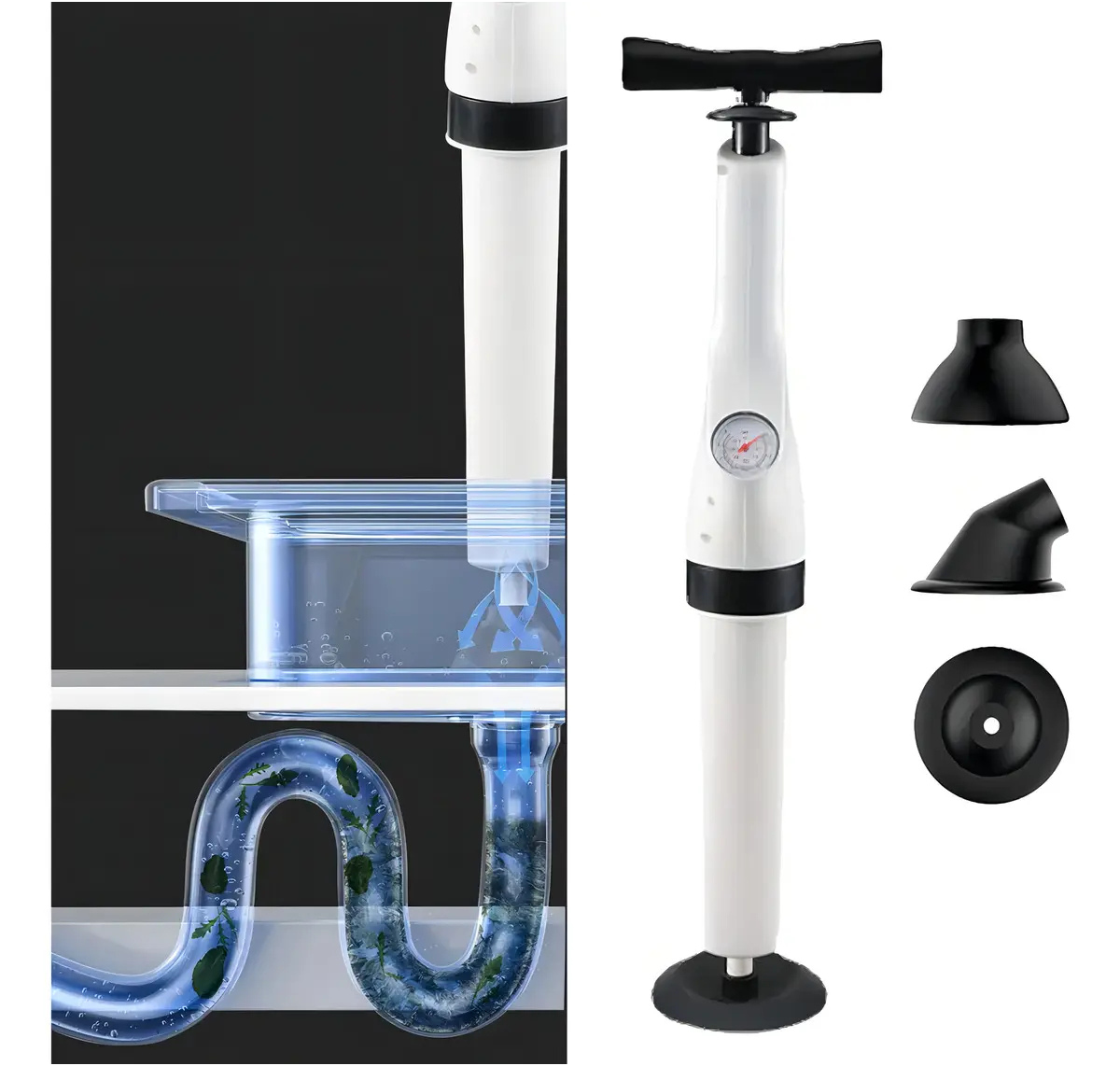 DESTAPADOR CON MANÓMETRO PARA BAÑO Y COCINA - SOPAPO CON 3 SUCCIONADORES