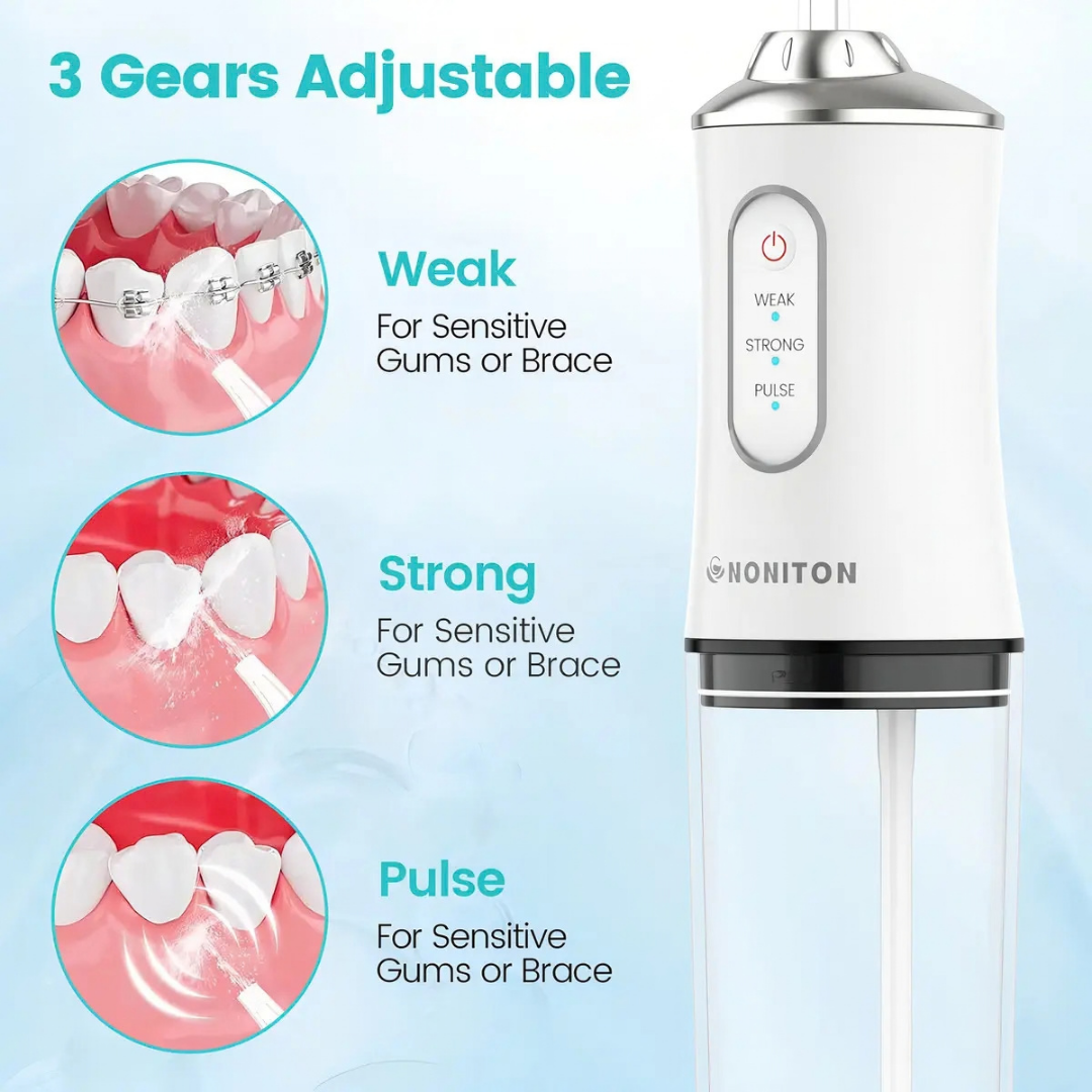 IRRIGADOR BUCAL RECARGABLE PORTÁTIL PARA DIENTES CON 4 BOQUILLAS