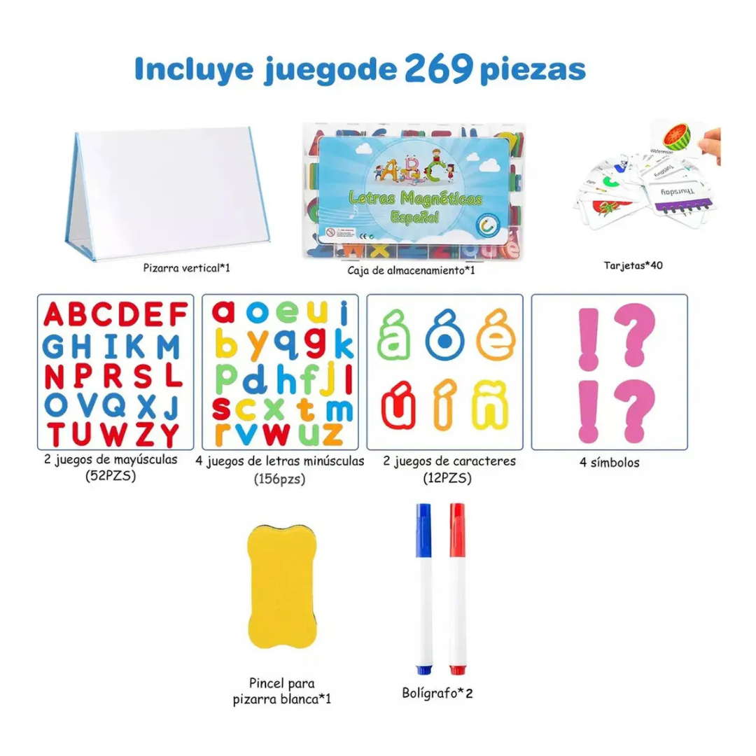 JUEGO DE LETRAS MAGNÉTICAS PARA NIÑOS CON PIZARRA, TARJETAS, MARCADORES Y BORRADOR 269 PIEZAS