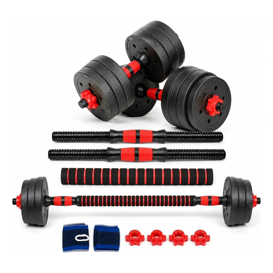 SET DE MANCUERNAS AJUSTABLES 10 KG CON BARRA EXTENSIBLE Y DISCOS NEGROS