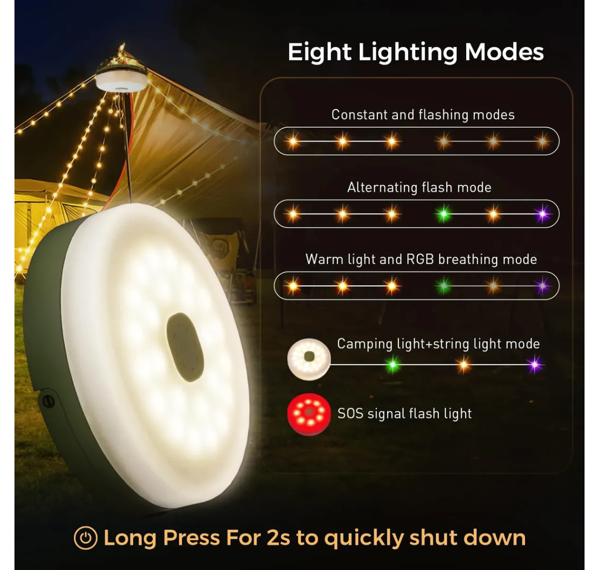CADENA DE LUCES PARA CAMPING 10 METROS -RECARGABLE CON 8 MODOS