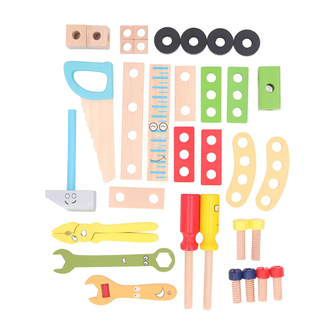 SET HERRAMIENTAS DE MADERA PARA NIÑOS 36 PIEZAS CON MALETÍN PORTÁTIL.