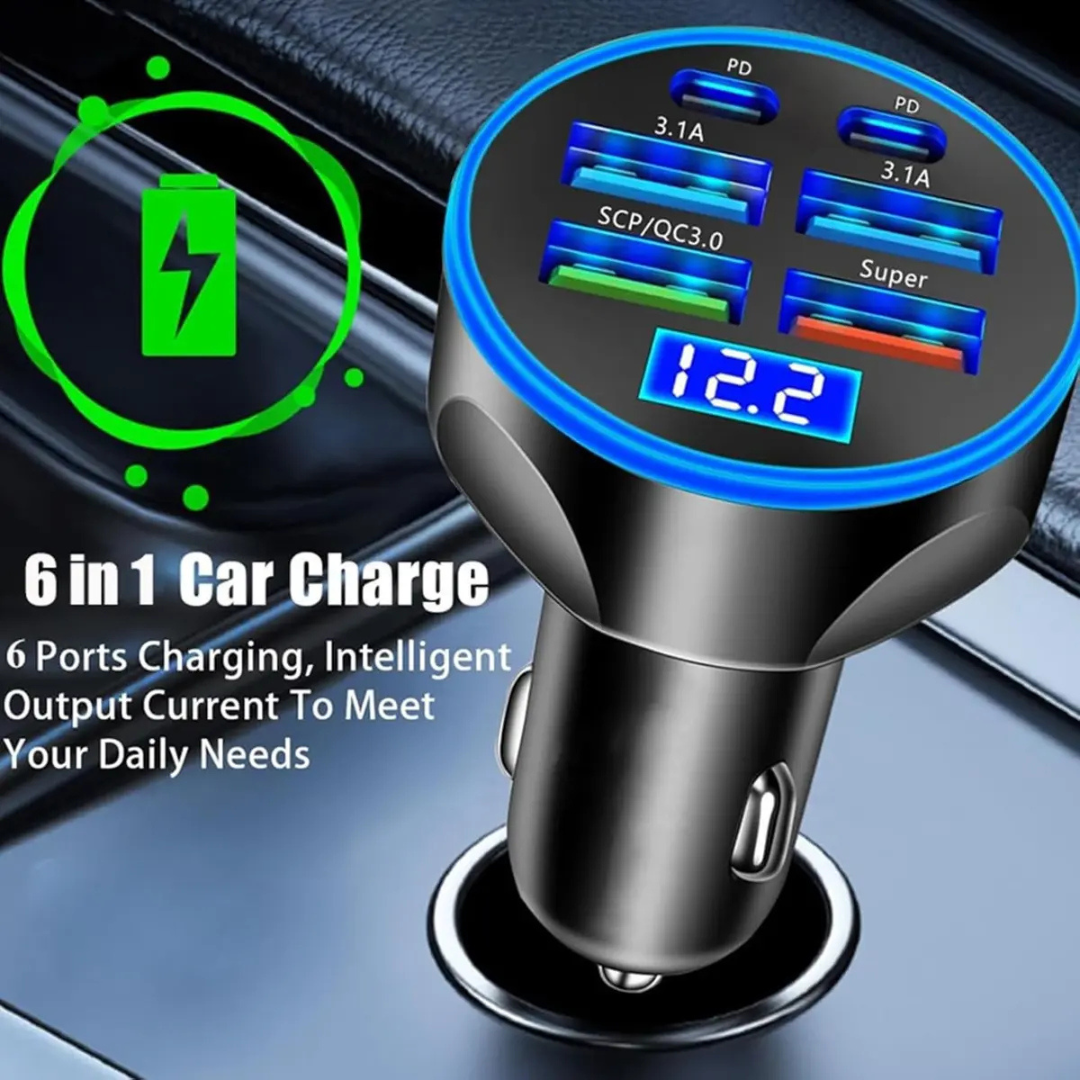 CARGADOR AUTO CARGA RÁPIDA 66W 6 PUERTOS USB Y USB-C QC 3.0 UNIVERSAL