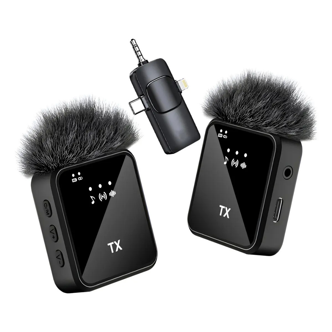 PACK 2 MICRÓFONOS INALÁMBRICOS 3 EN 1 PARA IPHONE, ANDROID Y PC -NEGRO