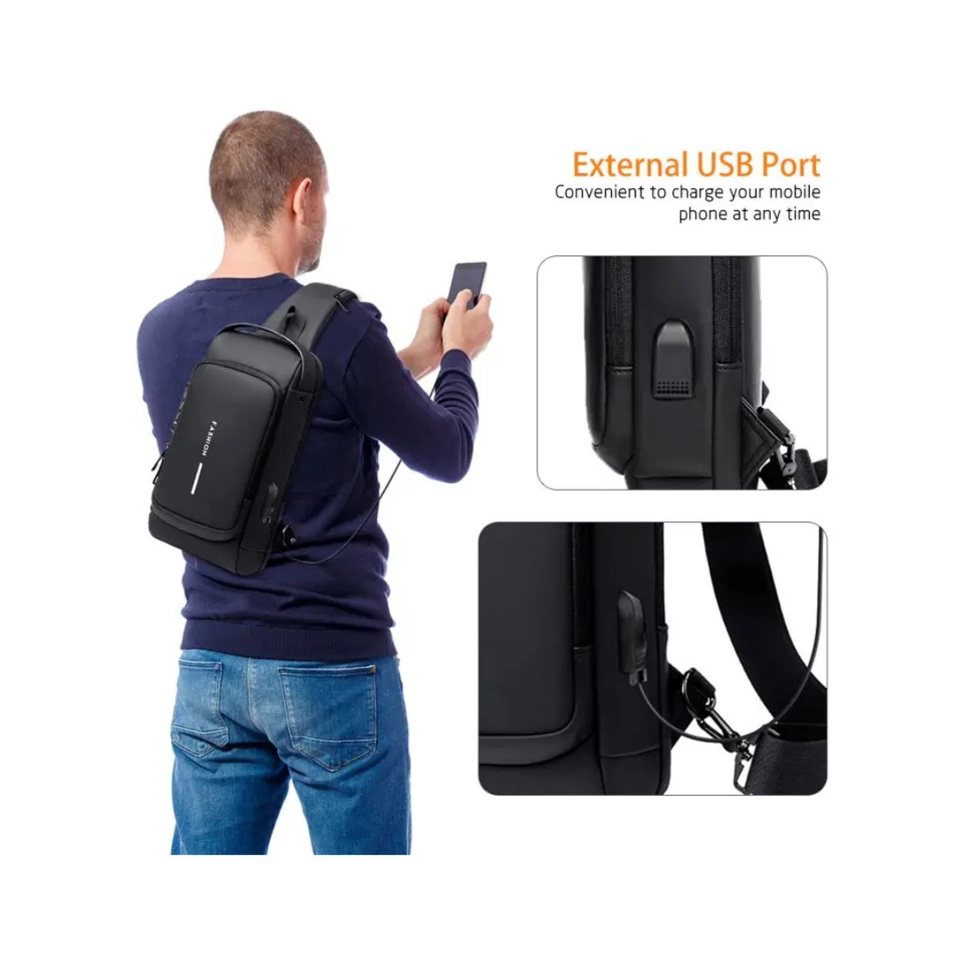 BOLSO MOCHILA BANDOLERO ANTIRROBO CON PUERTO USB -COLOR NEGRO