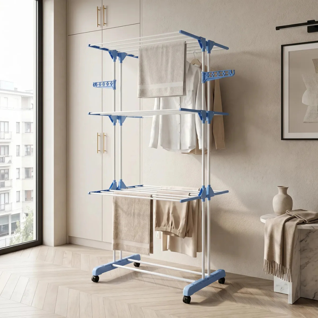 TENDEDERO DE ROPA COLGADOR PERCHERO PLEGABLE 3 NIVELES AZUL
