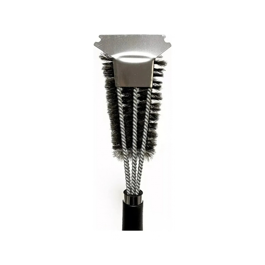CEPILLO LIMPIADOR DE PARRILLA CON RASPADOR DE ACERO INOXIDABLE TRIPLE