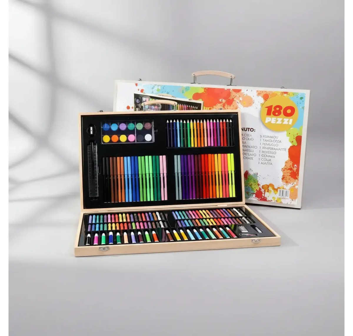 SET DE DIBUJO Y PINTURA 180 PIEZAS EN MALETA DE MADERA PARA NIÑOS