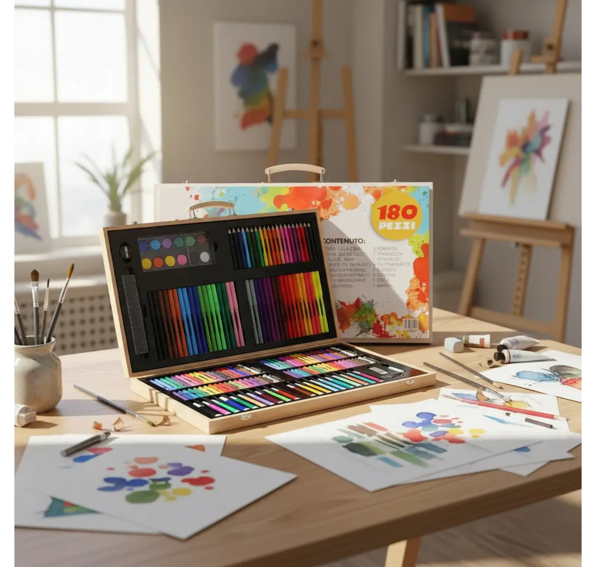 SET DE DIBUJO Y PINTURA 180 PIEZAS EN MALETA DE MADERA PARA NIÑOS