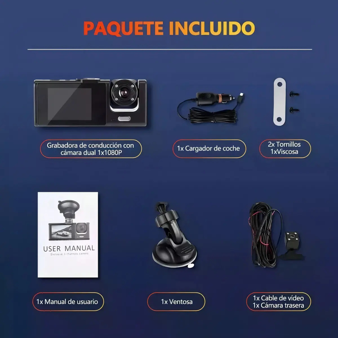 CÁMARA PARA AUTO HD 1080P VISIÓN NOCTURNA DASHCAM TRIPLE CÁMARA