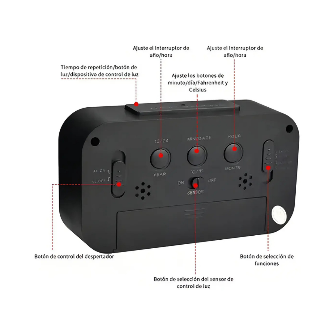 RELOJ DESPERTADOR DIGITAL LED CON FECHA Y TEMPERATURA - 14CM