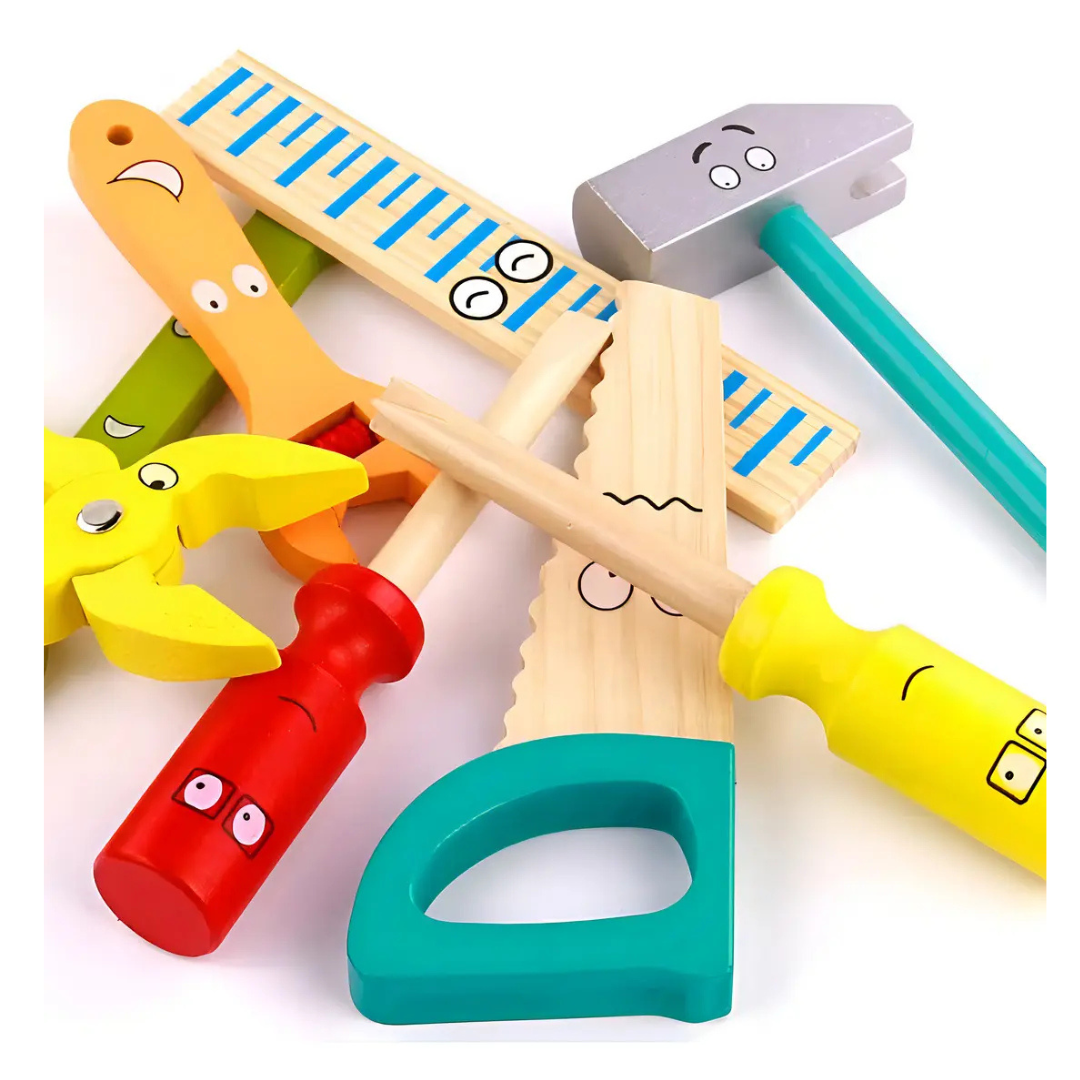 SET HERRAMIENTAS DE MADERA PARA NIÑOS 36 PIEZAS CON MALETÍN PORTÁTIL.