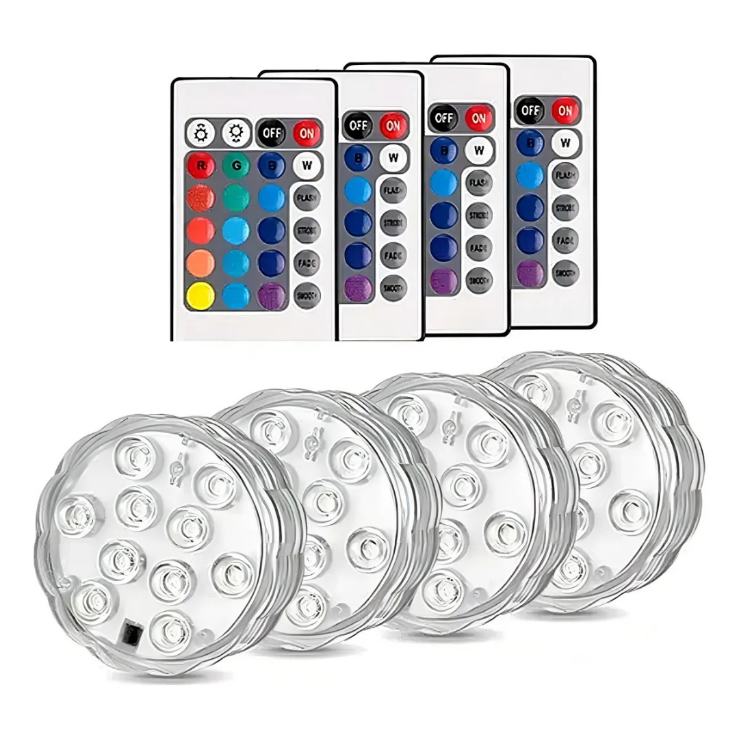 PACK 4 LUCES LED SUMERGIBLES PARA PISCINA RGB 16 COLORES CON CONTROL REMOTO