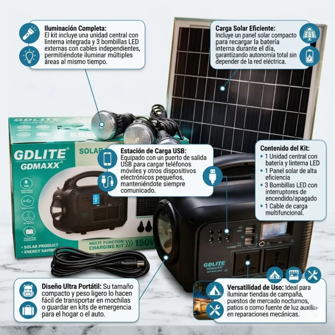 KIT GENERADOR SOLAR PORTÁTIL CON LINTERNA LED Y 3 BOMBILLAS