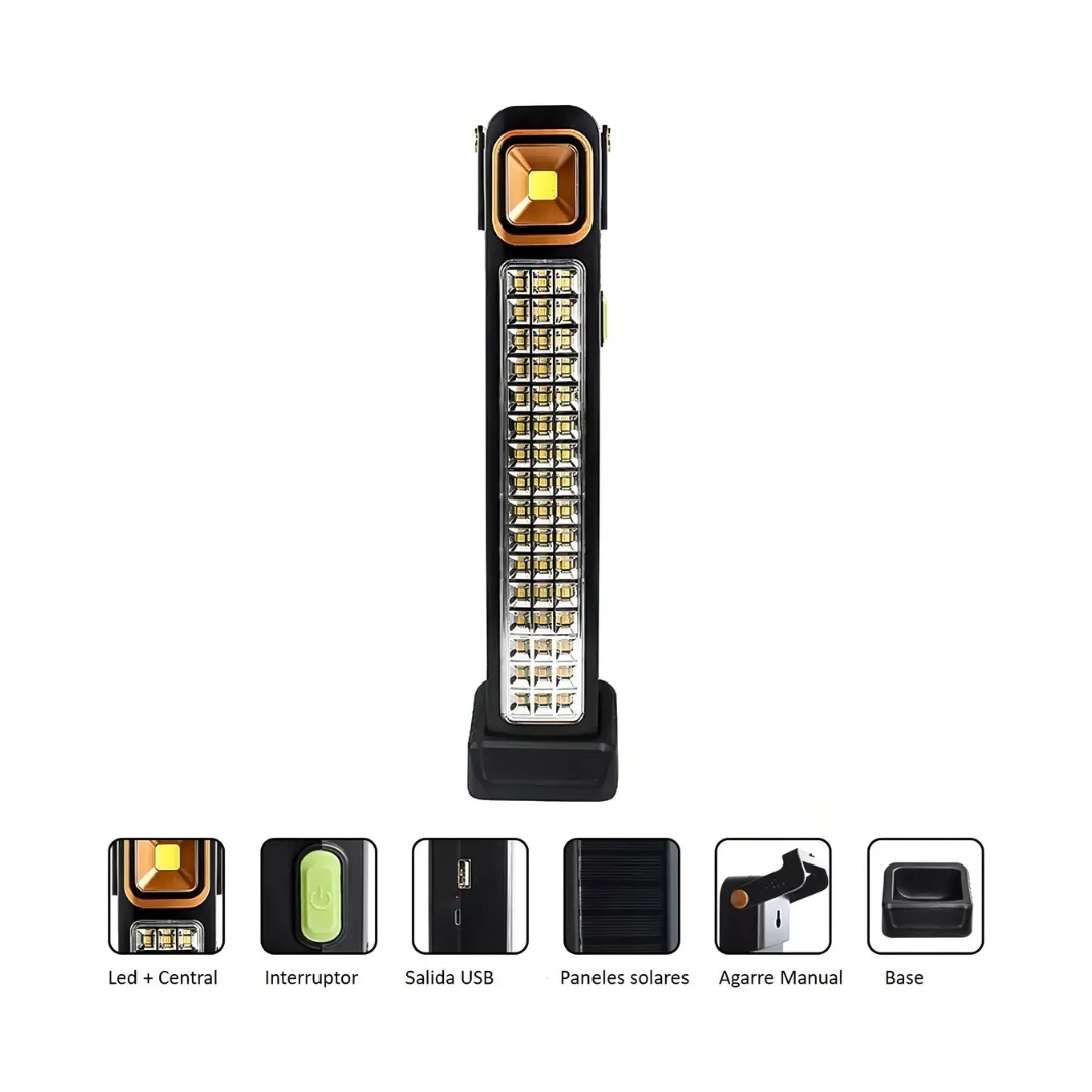 LÁMPARA SOLAR DE EMERGENCIA RECARGABLE 48 LED + FOCO COB USB-C NEGRA