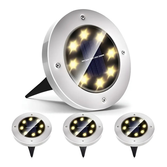 PACK 4 FOCOS SOLARES LED JARDÍN ESTACA 8 LUCES EMBUTIDO LUZ CÁLIDA