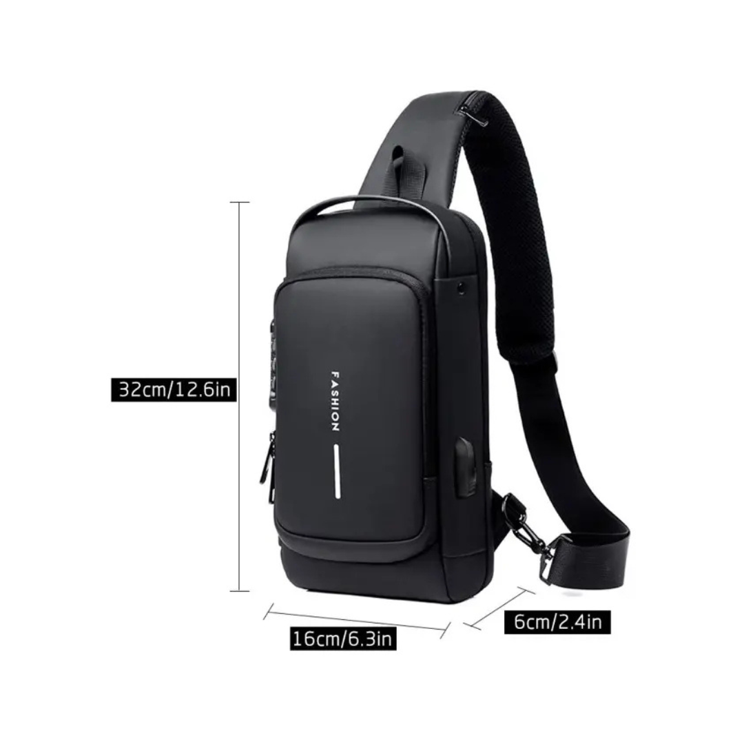 BOLSO MOCHILA BANDOLERO ANTIRROBO CON PUERTO USB -COLOR NEGRO
