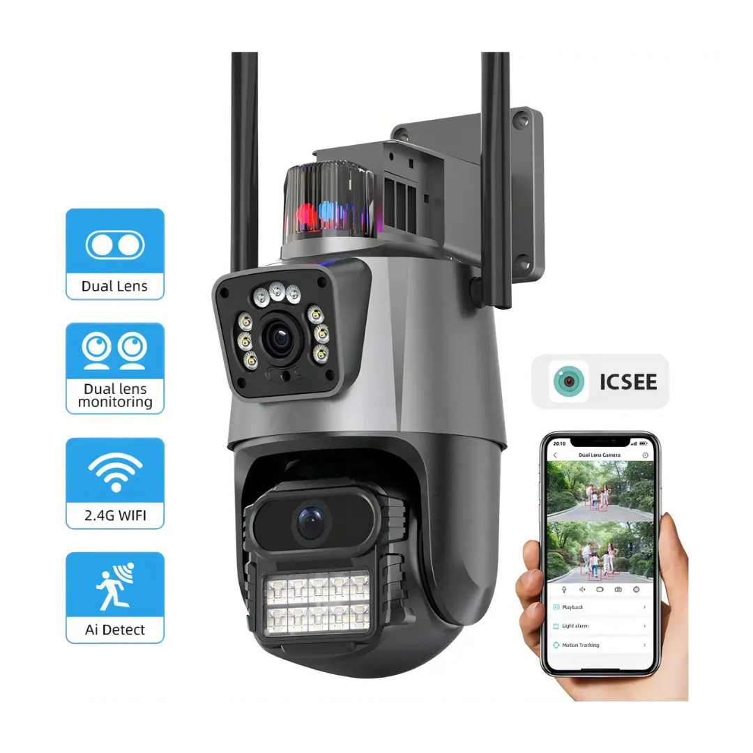 CÁMARA DOMO WIFI DOBLE LENTE FULL HD CON ALARMA Y SEGUIMIENTO INTELIGENTE HLC