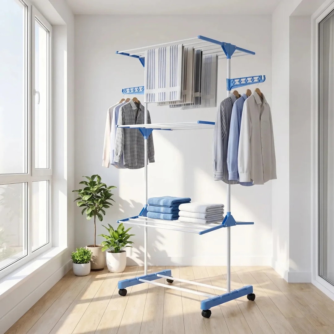 TENDEDERO DE ROPA COLGADOR PERCHERO PLEGABLE 3 NIVELES AZUL