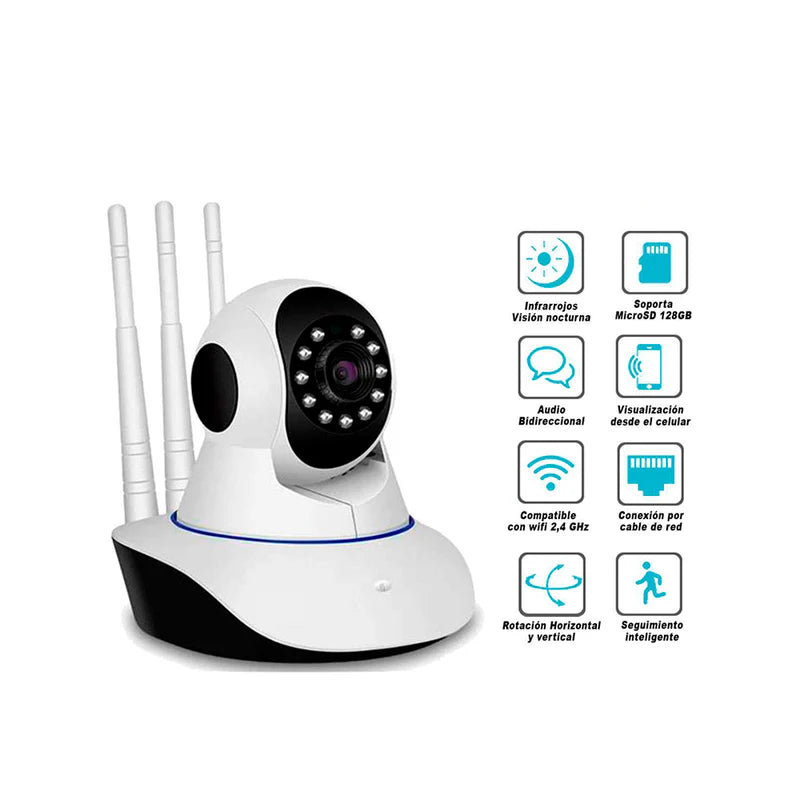 CÁMARA IP ROBÓTICA 360° HD WIFI CON VISIÓN NOCTURNA Y 3 ANTENAS