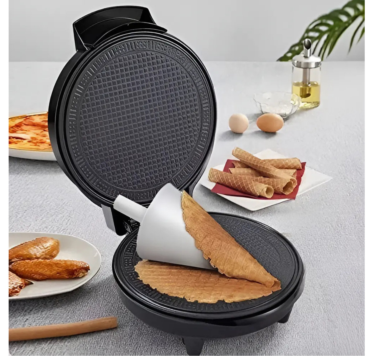 MÁQUINA PARA WAFFLES Y CONOS SOKANY SK-525 1000W ANTIADHERENTE 24CM