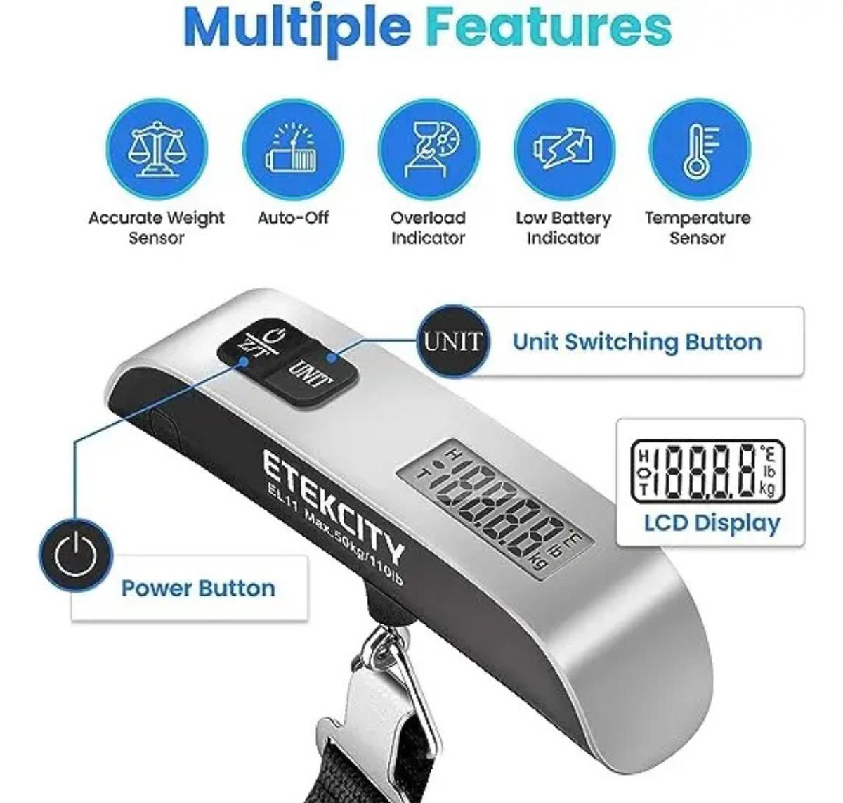 PESA BALANZA DIGITAL LED DE MANO PARA MALETA Y EQUIPAJE PORTÁTIL