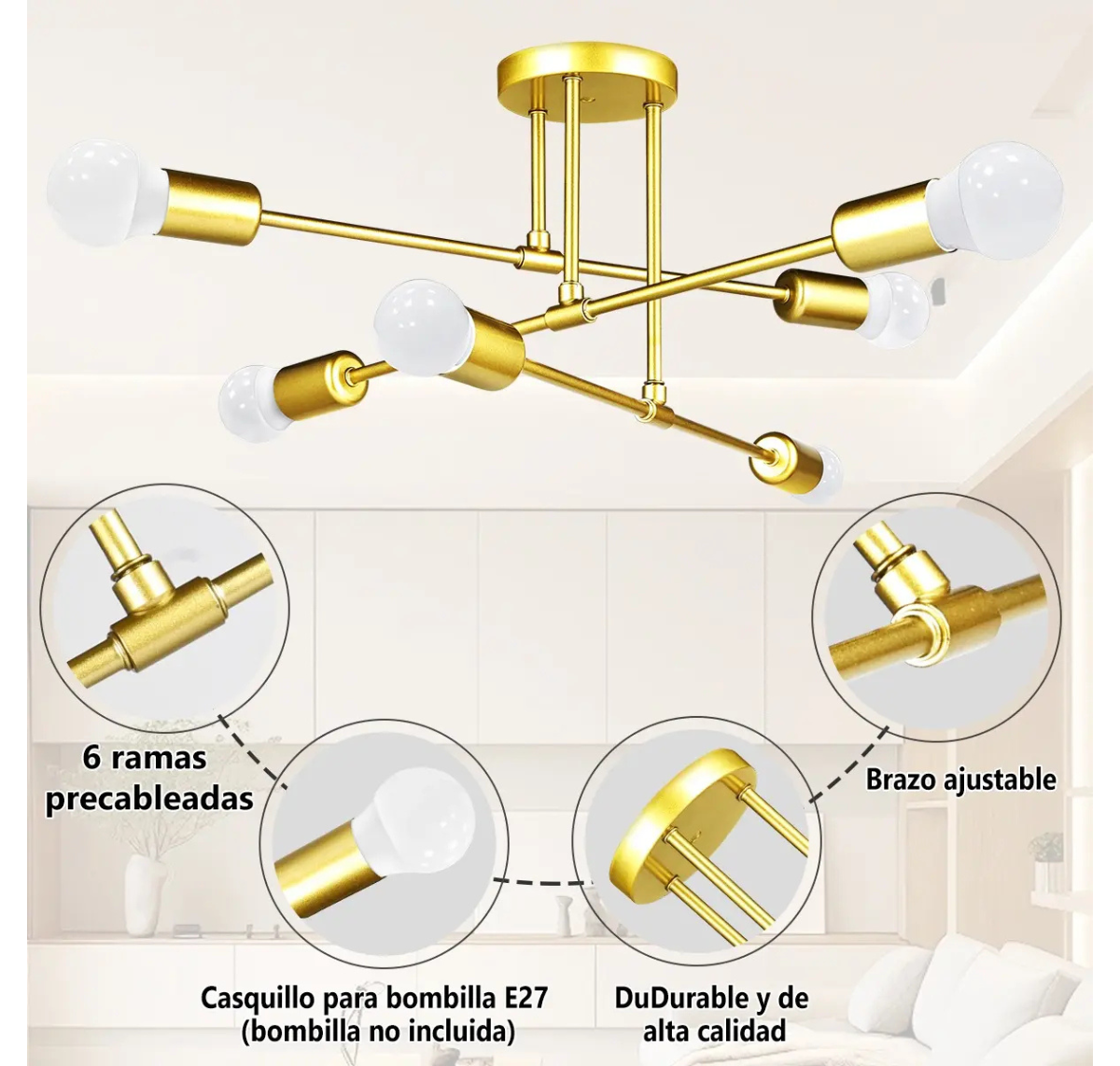 LÁMPARA DE TECHO MODERNA 6 LUCES E27 DORADA SIN AMPOLLETAS