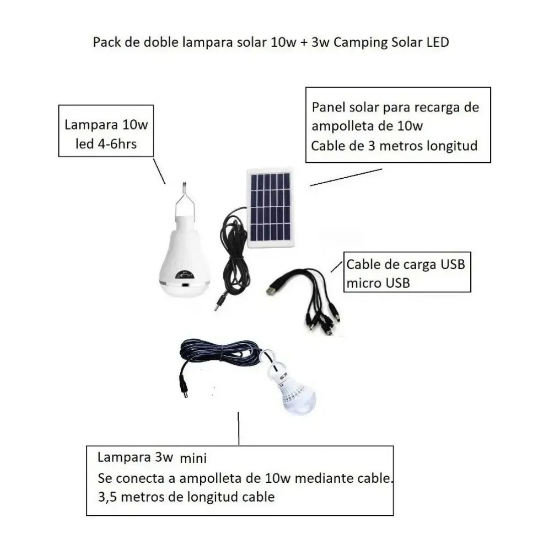 KIT AMPOLLETAS LED CAMPING SOLAR 10W CON PANEL SOLAR - AUTONOMÍA HASTA 7 HORAS ( PACK X2)