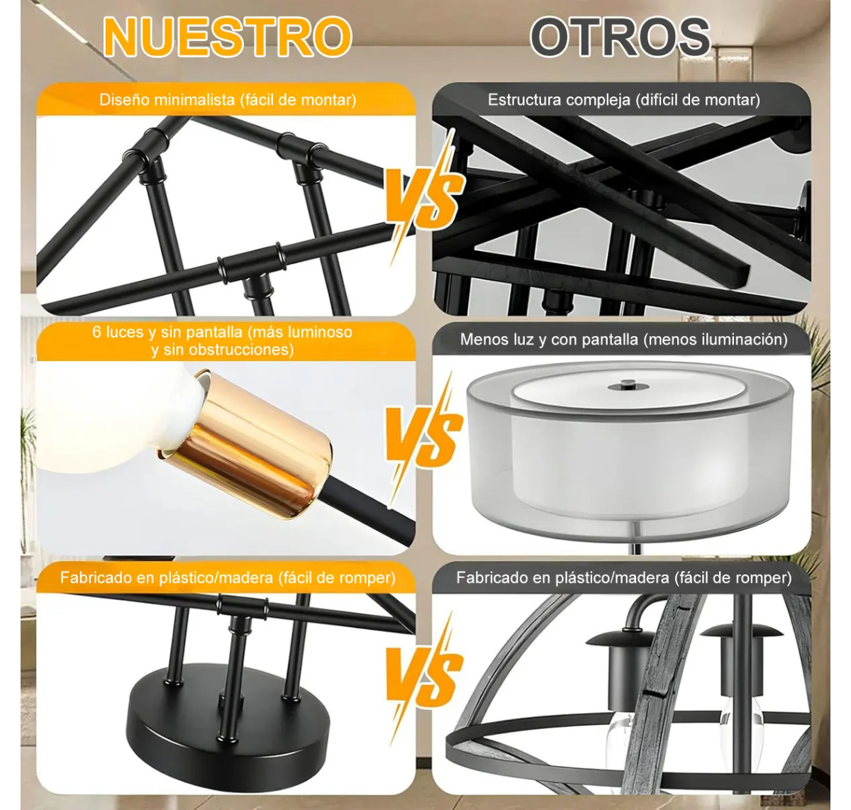 LÁMPARA DE TECHO MODERNA 6 LUCES E27 NEGRO Y DORADO