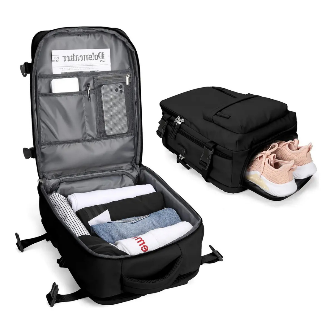 MOCHILA VIAJE 40L IMPERMEABLE NEGRA CON COMPARTIMIENTO