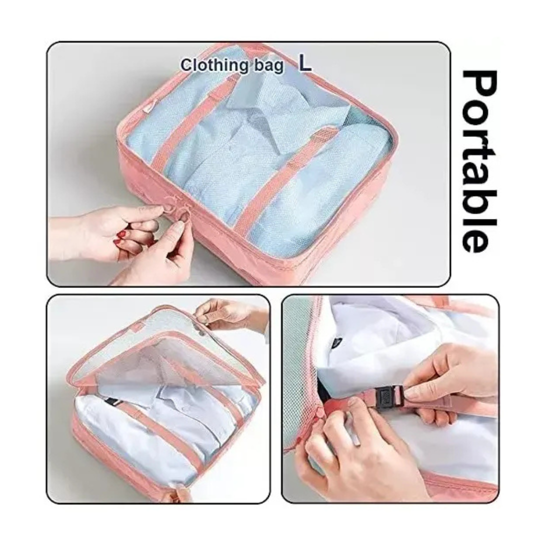 KIT ORGANIZADOR DE MALETA SET DE 8 BOLSAS PARA VIAJE Y EQUIPAJE- COLOR ROSADO