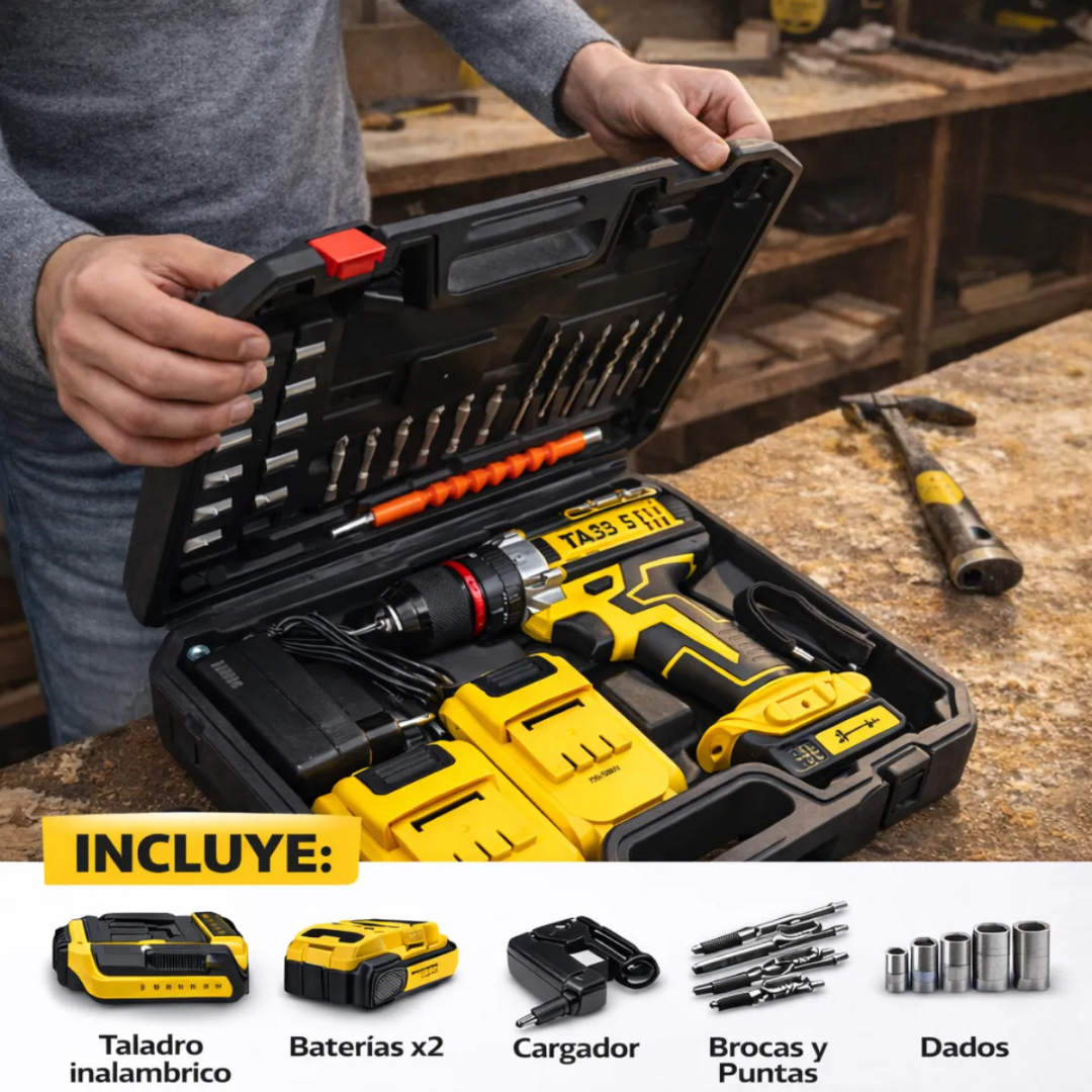 KIT TALADRO INALÁMBRICO CON 2 BATERÍAS Y ACCESORIOS