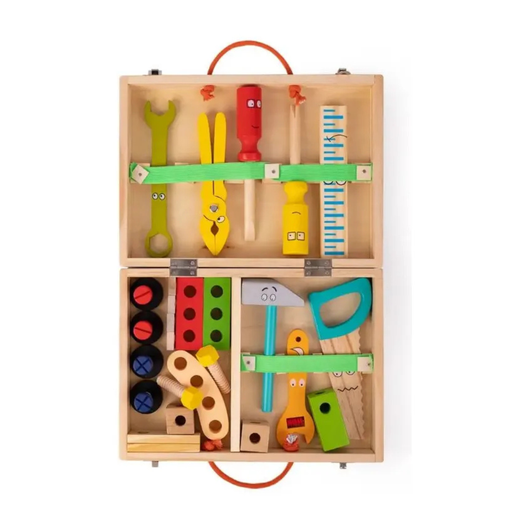 SET HERRAMIENTAS DE MADERA PARA NIÑOS 36 PIEZAS CON MALETÍN PORTÁTIL.