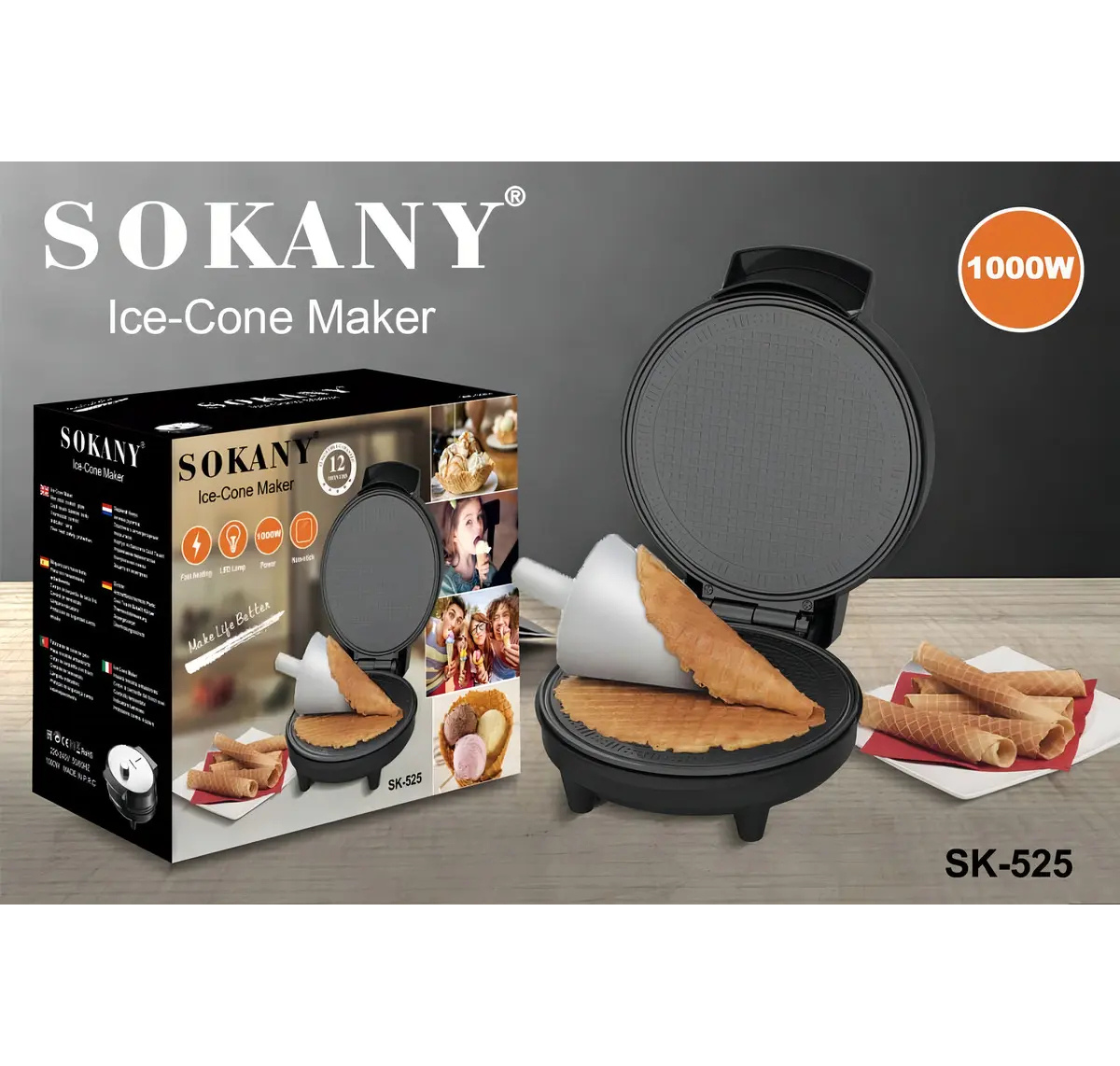 MÁQUINA PARA WAFFLES Y CONOS SOKANY SK-525 1000W ANTIADHERENTE 24CM