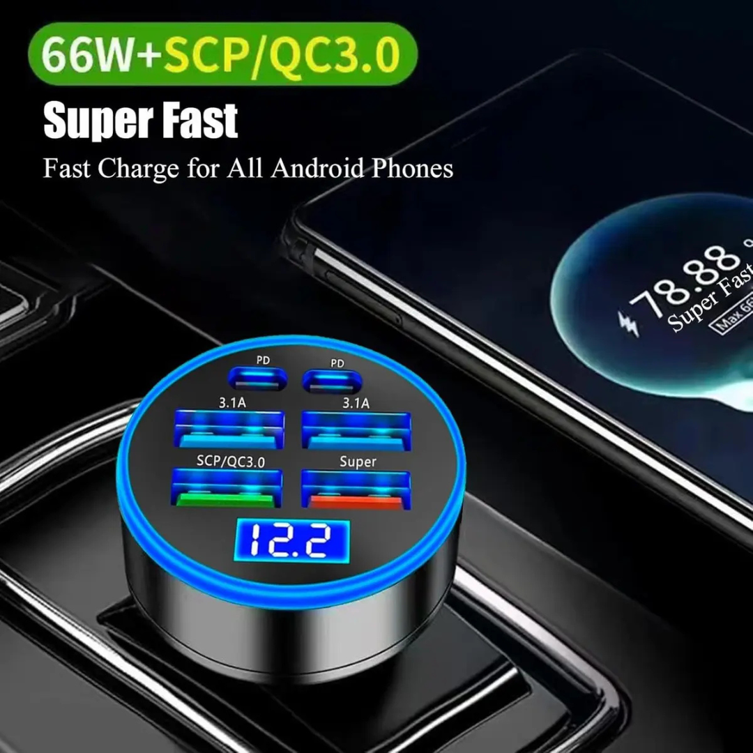 CARGADOR AUTO CARGA RÁPIDA 66W 6 PUERTOS USB Y USB-C QC 3.0 UNIVERSAL