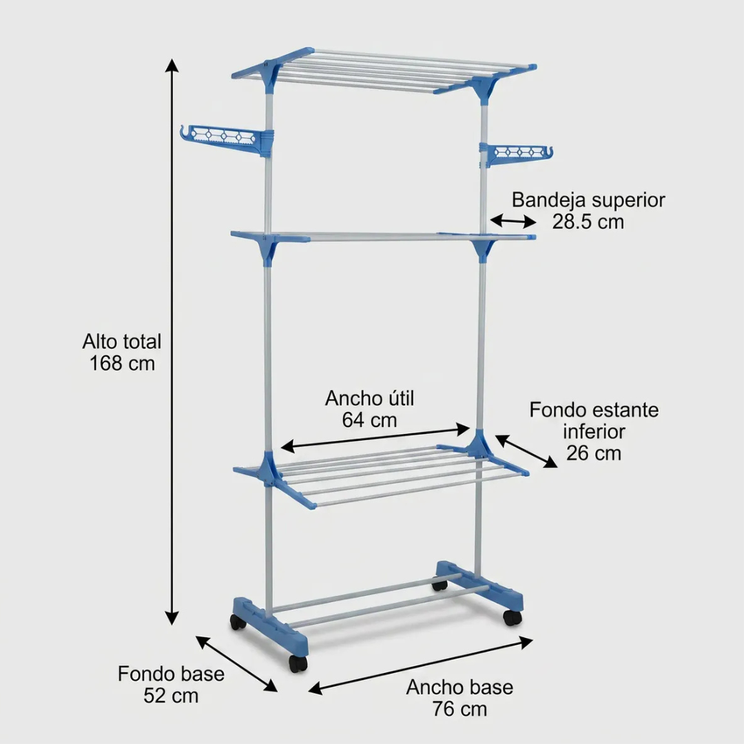 TENDEDERO DE ROPA COLGADOR PERCHERO PLEGABLE 3 NIVELES AZUL