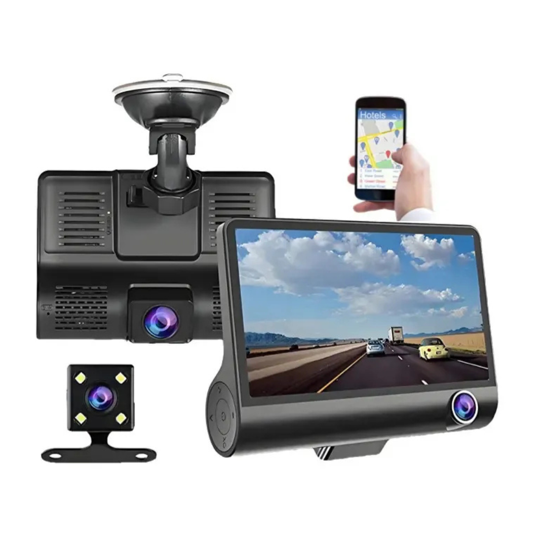 CÁMARA PARA AUTO 3 EN 1 FRONTAL, TRASERA Y TABLERO 1080P HD
