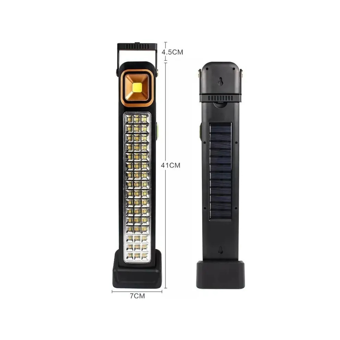 LÁMPARA SOLAR DE EMERGENCIA RECARGABLE 48 LED + FOCO COB USB-C NEGRA
