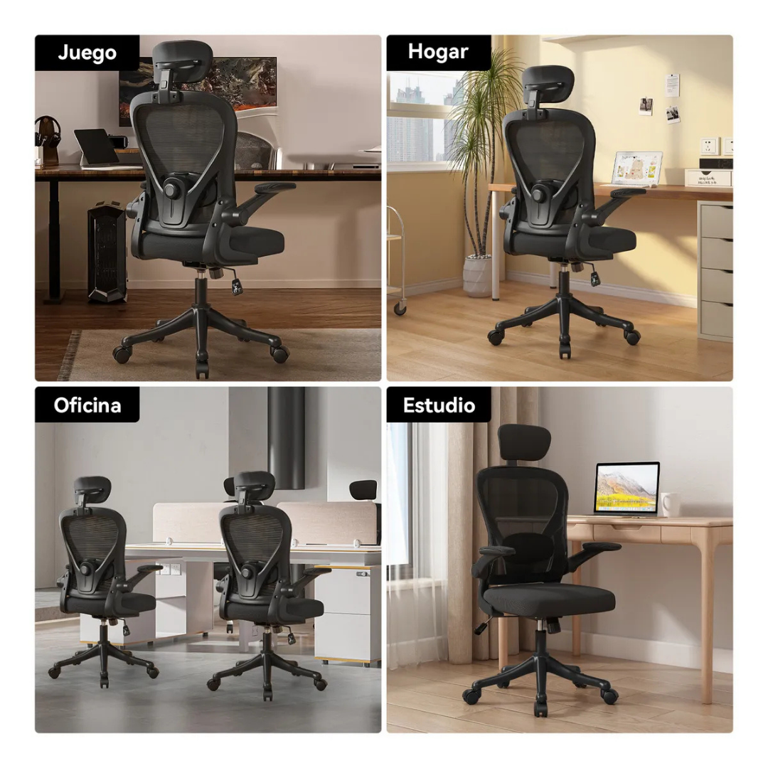 SILLA ERGONÓMICA PARA OFICINA CON SOPORTE LUMBAR AJUSTABLE -COLOR NEGRO