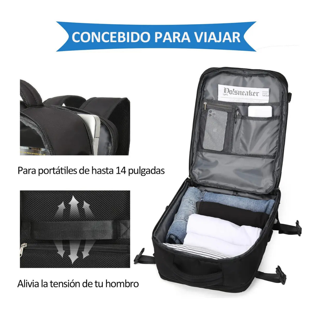 MOCHILA VIAJE 40L IMPERMEABLE NEGRA CON COMPARTIMIENTO