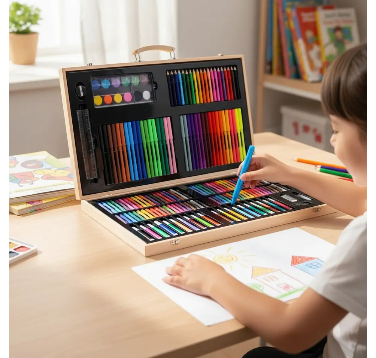 SET DE DIBUJO Y PINTURA 180 PIEZAS EN MALETA DE MADERA PARA NIÑOS