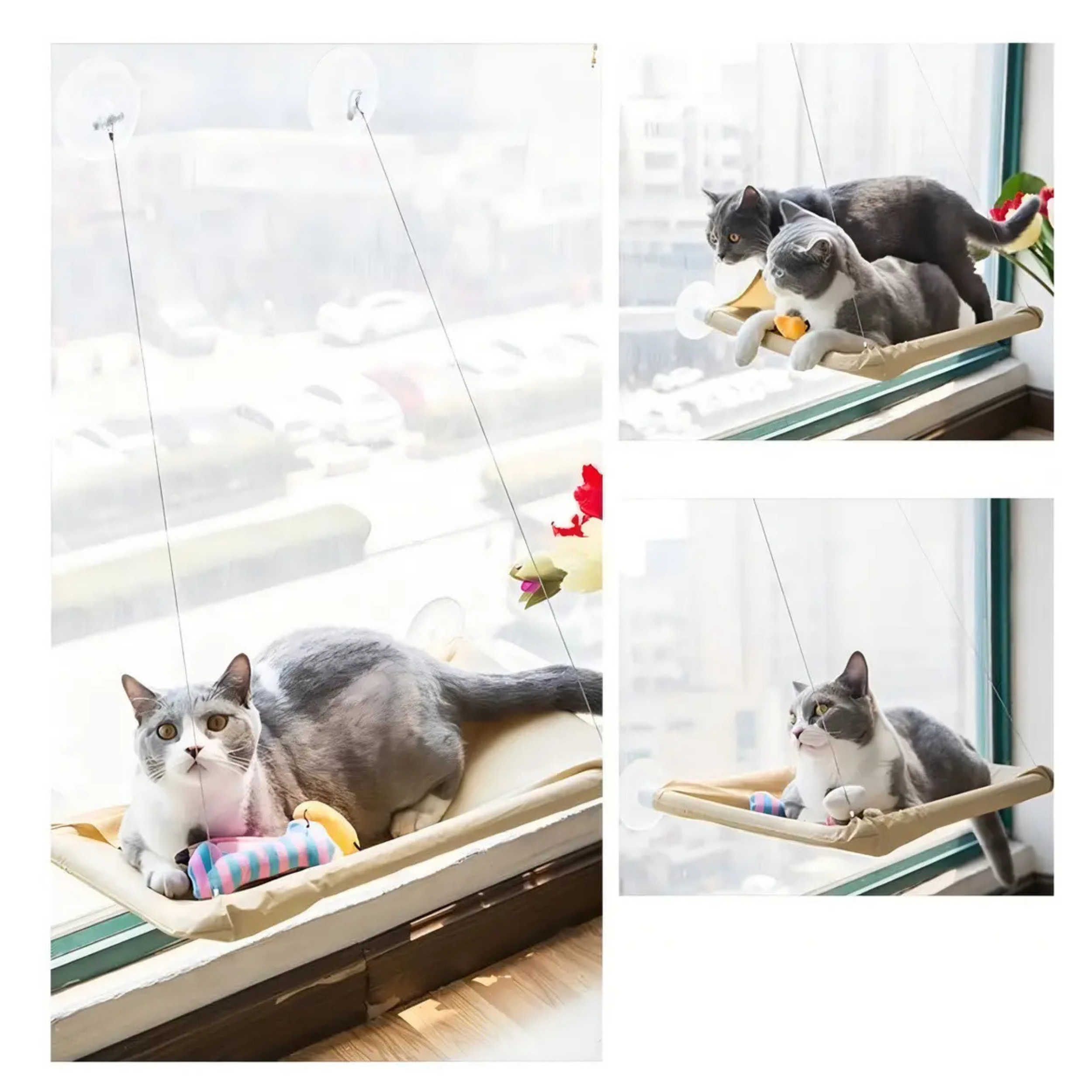 HAMACA COLGANTE PARA GATOS VENTANA BEIGE PREMIUM